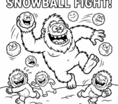 Zabawny Yeti rzucający śnieżkami, kolorowanka dla dzieci, czarne kontury, białe tło.