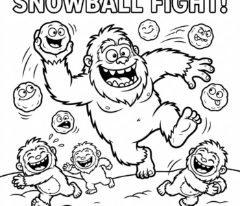 Zabawny Yeti rzucający śnieżkami, kolorowanka dla dzieci, czarne kontury, białe tło.