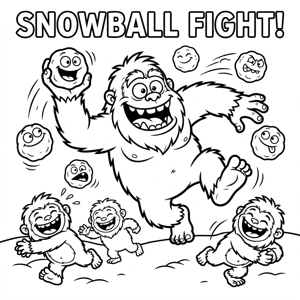 Zabawny Yeti rzucający śnieżkami, kolorowanka dla dzieci, czarne kontury, białe tło.