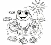 Urocza mała żabka siedząca na lilii wodnej w słonecznym stawie, kolorowanka dla dzieci, czarne kontury, białe tło.