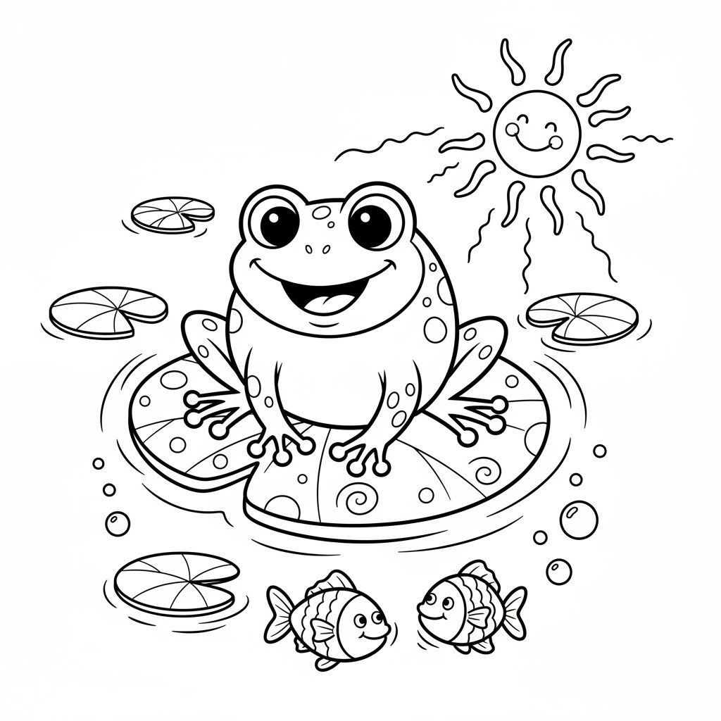 Urocza mała żabka siedząca na lilii wodnej w słonecznym stawie, kolorowanka dla dzieci, czarne kontury, białe tło.