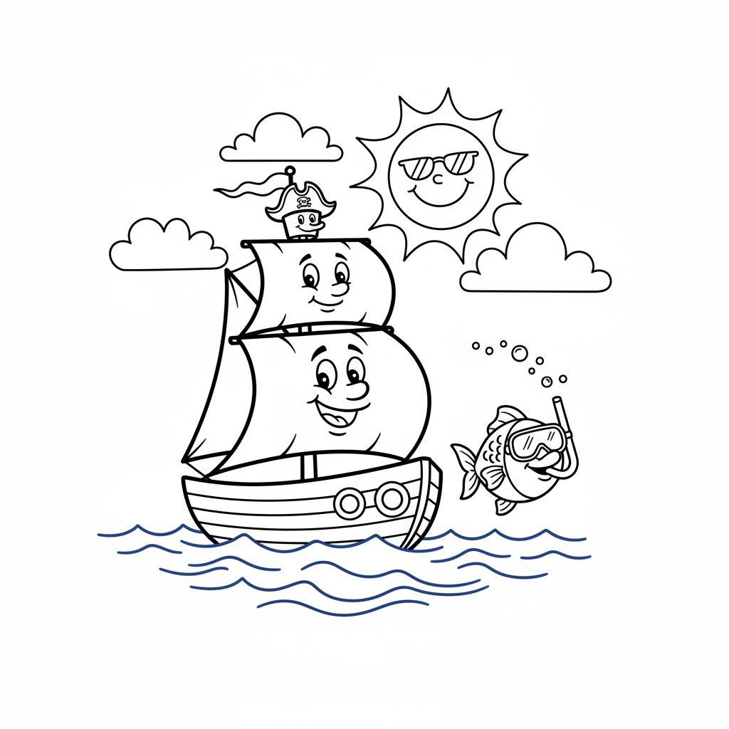 Żaglówka delikatnie płynąca po spokojnych błękitnych wodach, pod słonecznym niebem, kolorowanka dla dzieci, czarne ...