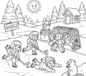 Scena zimowa z zamarzniętym jeziorem i dziećmi grającymi w hokeja, kolorowanka dla dzieci, czarne kontury, białe tło.