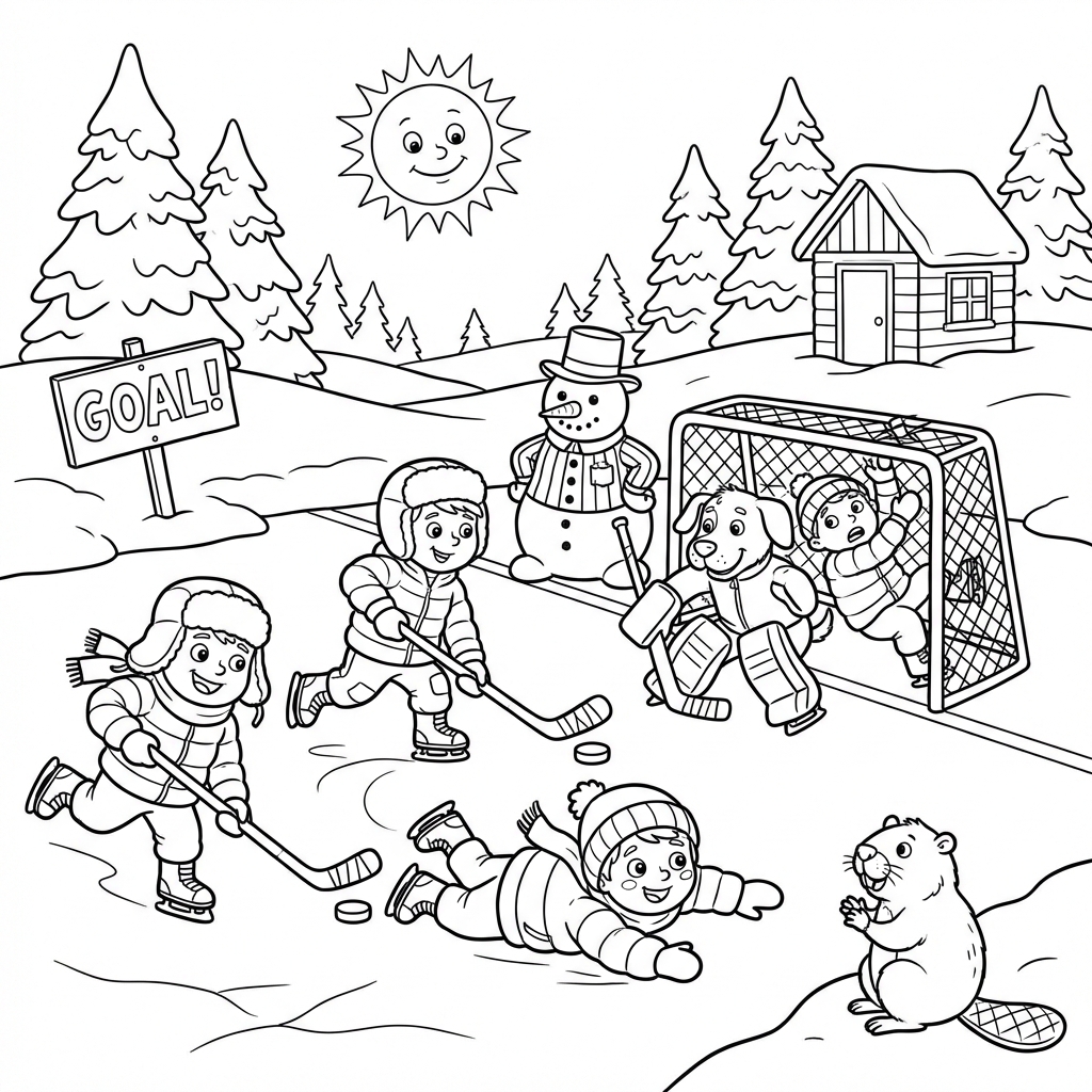 Scena zimowa z zamarzniętym jeziorem i dziećmi grającymi w hokeja, kolorowanka dla dzieci, czarne kontury, białe tło.