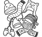 Kolekcja różnych zimowych czapek i szalików, kolorowanka dla dzieci, czarne kontury, białe tło.