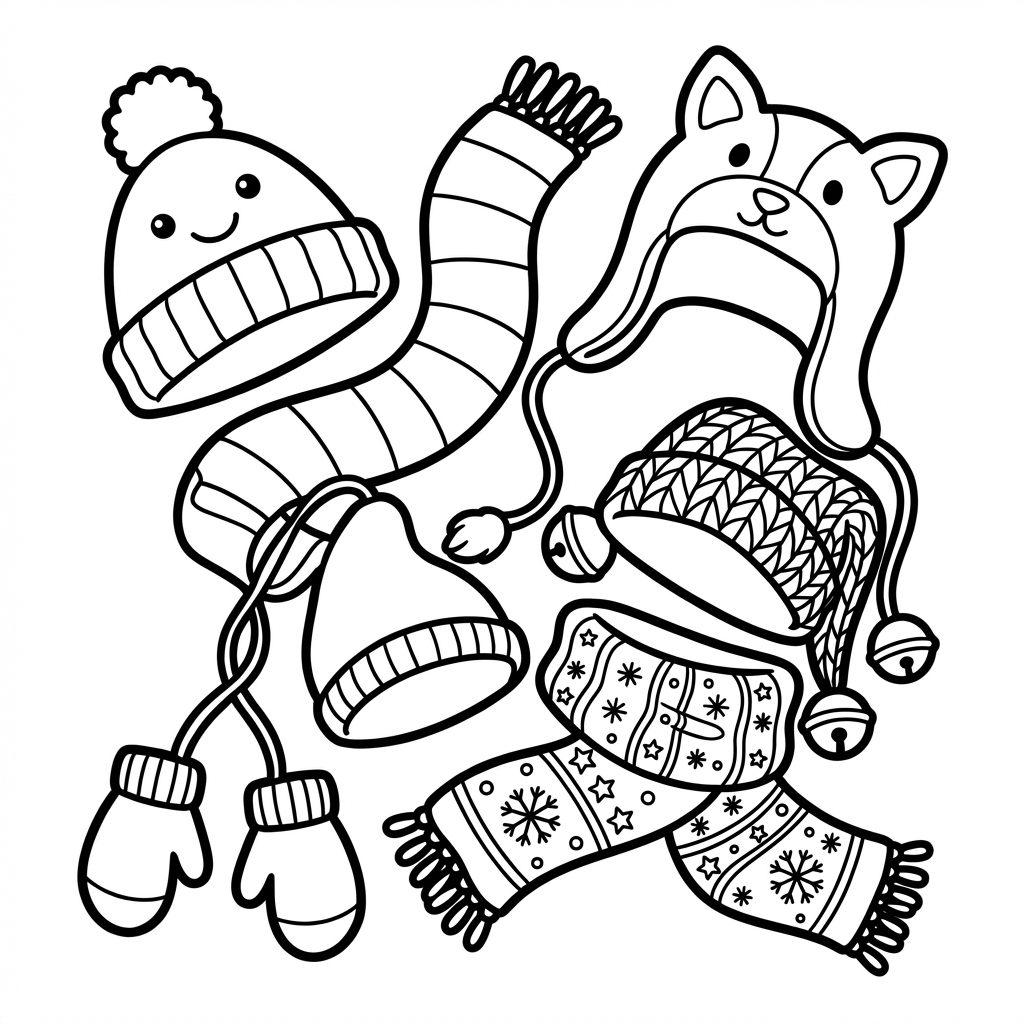 Kolekcja różnych zimowych czapek i szalików, kolorowanka dla dzieci, czarne kontury, białe tło.