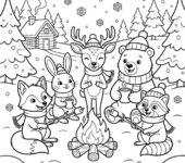 Grupa przyjaznych zwierząt (np. lis, królik, jeleń) zgromadzonych wokół ciepłego ogniska w śniegu, kolorowanka dla ...