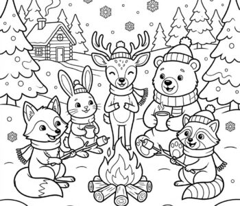 Grupa przyjaznych zwierząt (np. lis, królik, jeleń) zgromadzonych wokół ciepłego ogniska w śniegu, kolorowanka dla ...