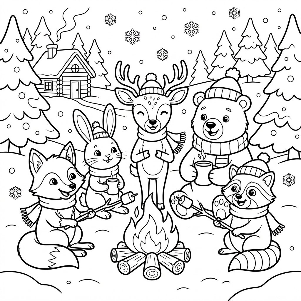 Grupa przyjaznych zwierząt (np. lis, królik, jeleń) zgromadzonych wokół ciepłego ogniska w śniegu, kolorowanka dla ...