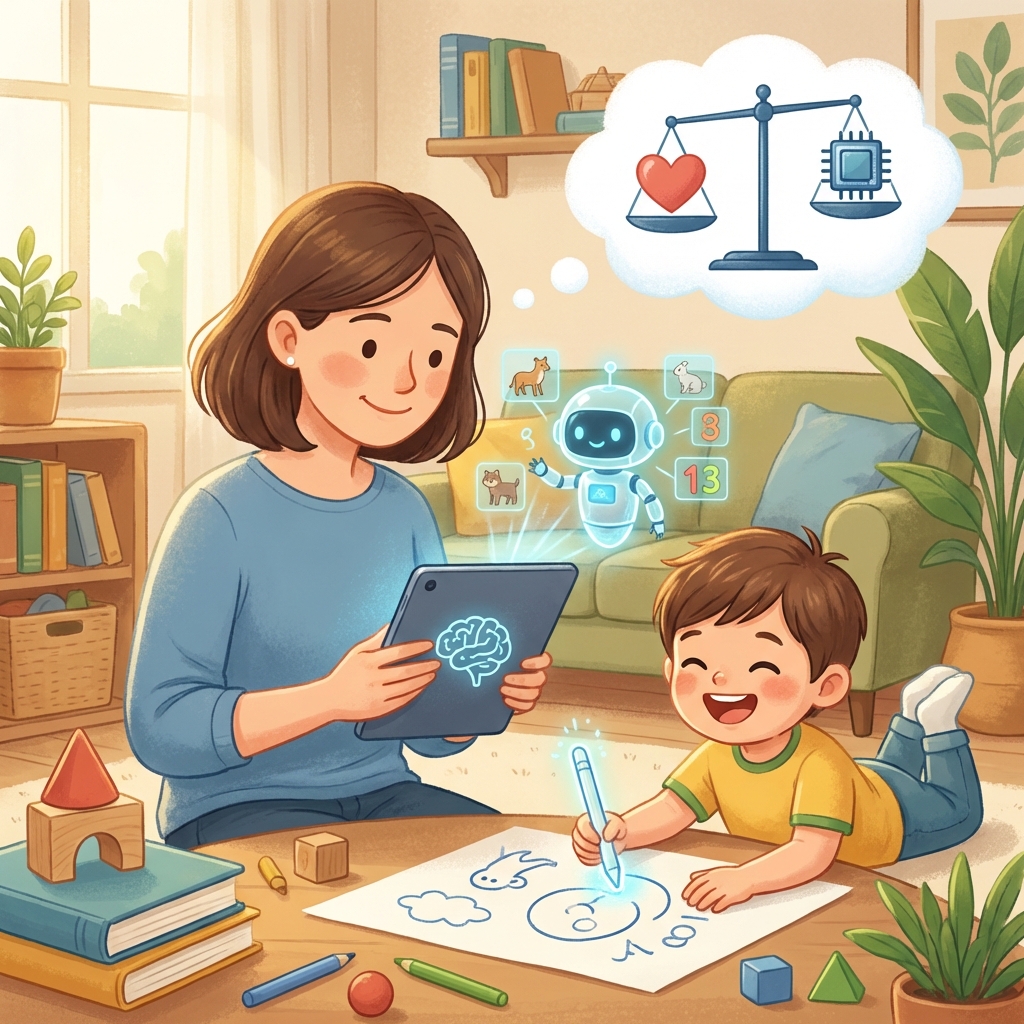 Uśmiechnięta mama i dziecko wspólnie korzystający z tabletu, na którym widać przyjazne ikony sztucznej inteligencji ...