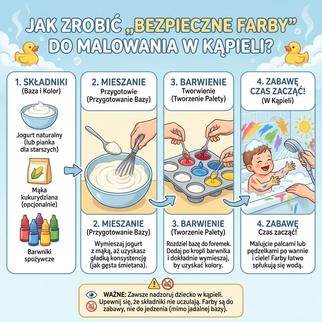 Infografika dla rodziców przedstawiająca prosty przepis krok po kroku, jak zrobić domowe, bezpieczne farby do malowania...
