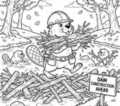 Zajęty bóbr budujący tamę w jesiennej rzece, kolorowanka dla dzieci, czarne kontury, białe tło.