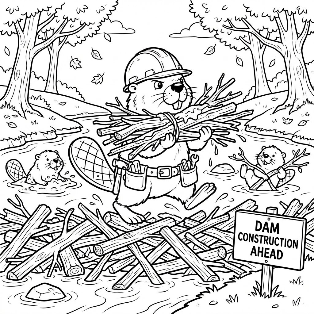 Zajęty bóbr budujący tamę w jesiennej rzece, kolorowanka dla dzieci, czarne kontury, białe tło.