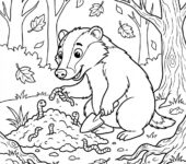 Uroczy borsuk kopiący w poszukiwaniu korzonków i robaków w jesiennym lesie, kolorowanka dla dzieci, czarne kontury, bia...