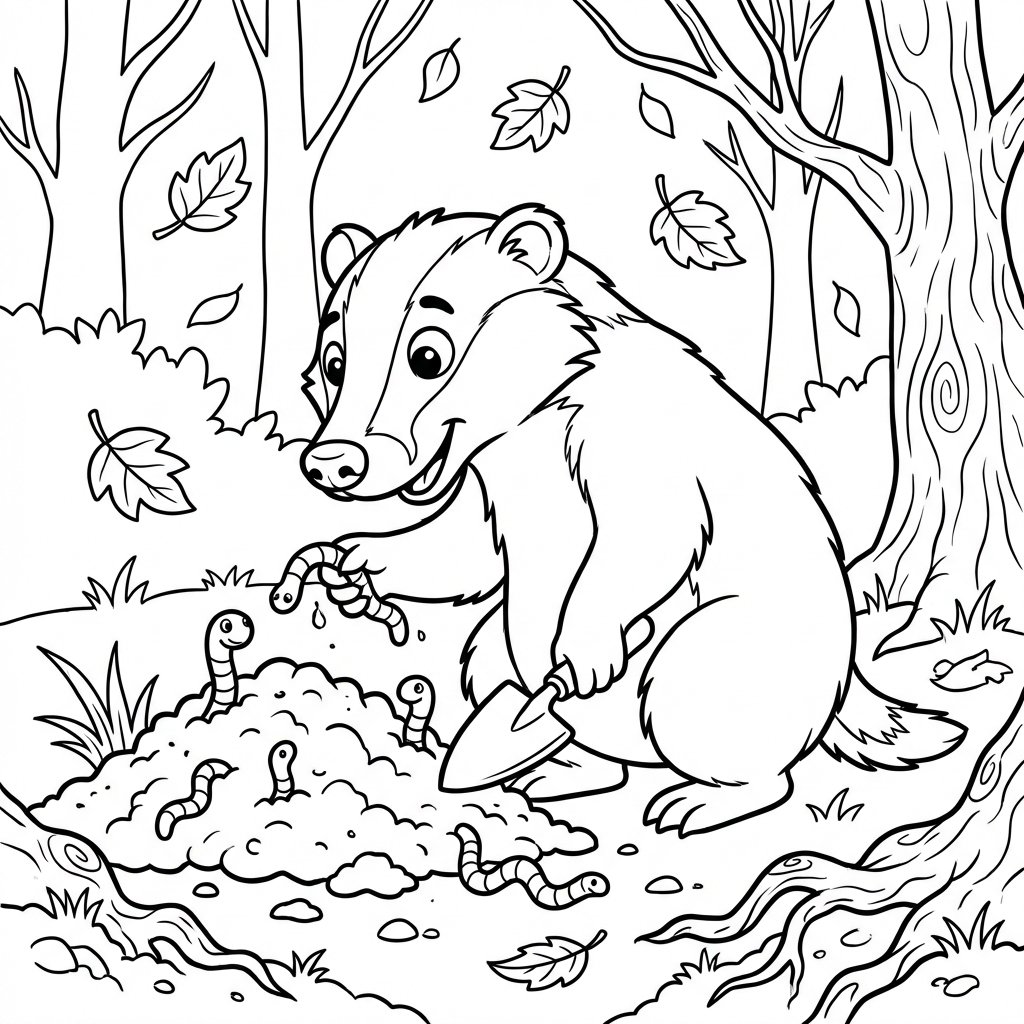 Uroczy borsuk kopiący w poszukiwaniu korzonków i robaków w jesiennym lesie, kolorowanka dla dzieci, czarne kontury, bia...