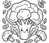 Czarno-biała kolorowanka brokułu do druku, bez tła, tylko czarne kontury warzywa na białym tle.