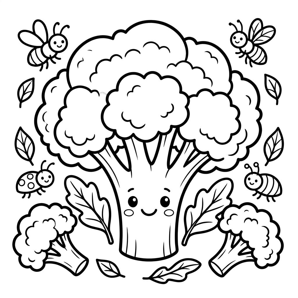 Czarno-biała kolorowanka brokułu do druku, bez tła, tylko czarne kontury warzywa na białym tle.