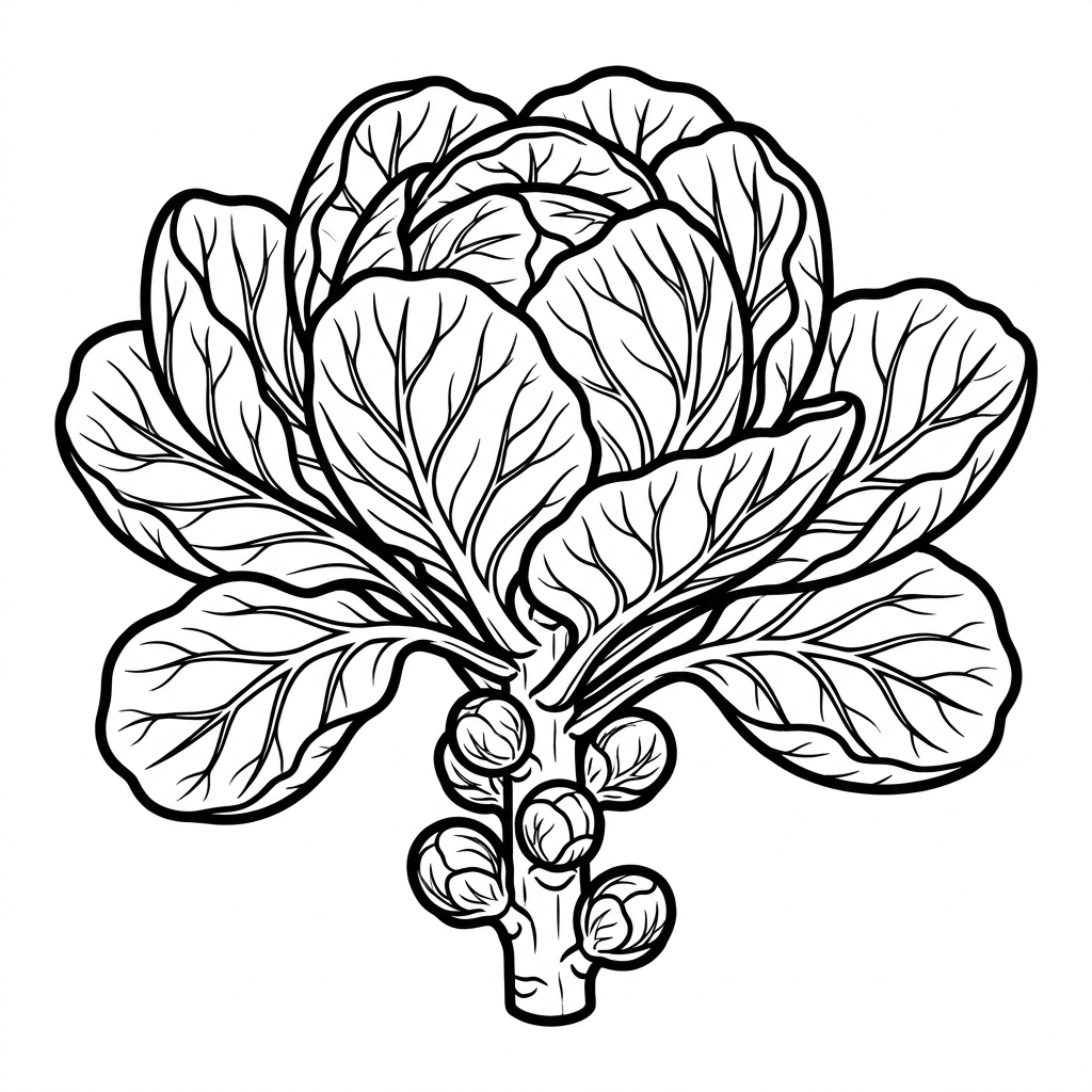Kolorowanka Brukselka do druku: czarno-biały rysunek, kontury warzywa, bez tła i tekstu, idealna dla dzieci.