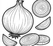 Czarno-biała kolorowanka cebula do druku – kontury, bez tła i tekstu.