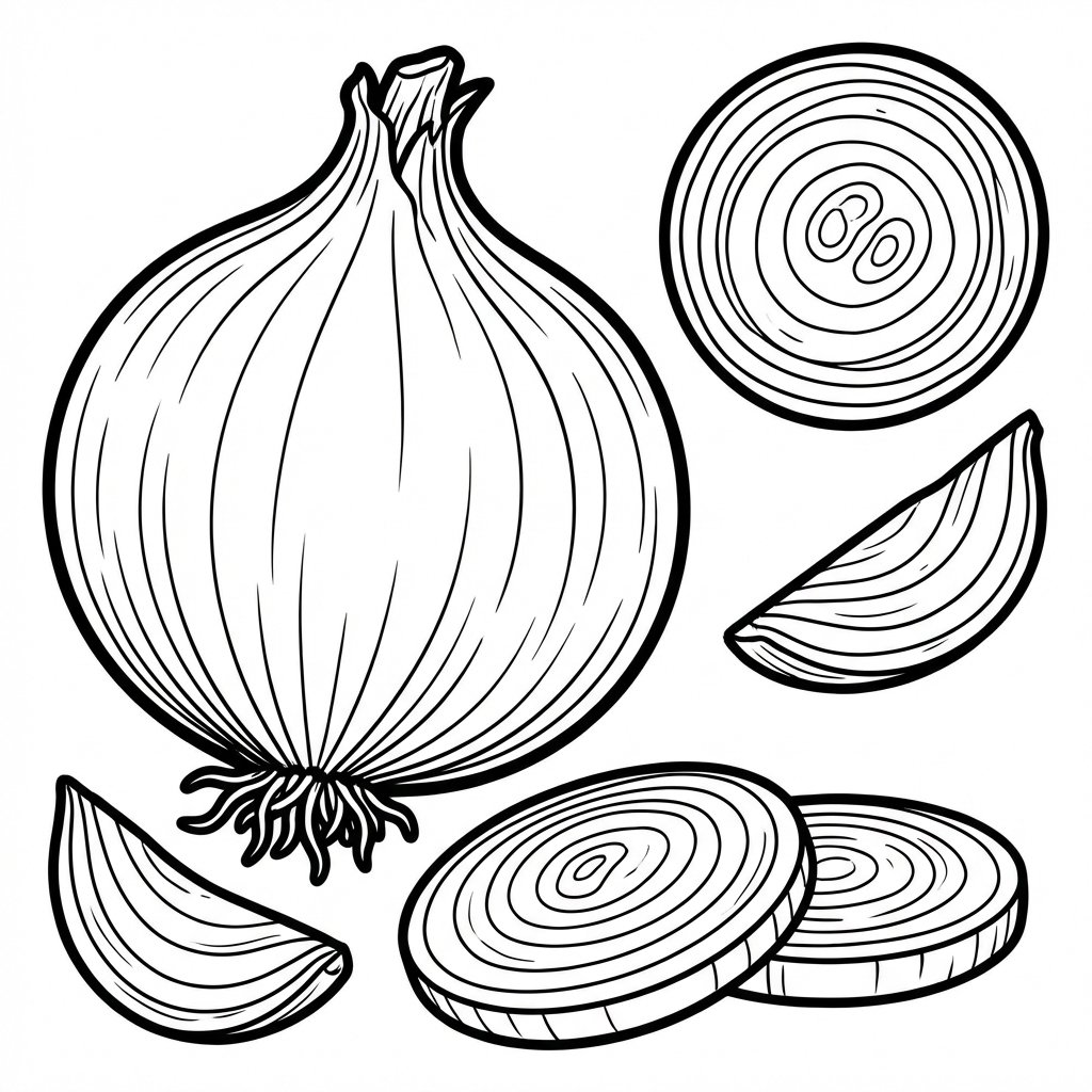 Czarno-biała kolorowanka cebula do druku – kontury, bez tła i tekstu.
