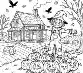 Urocza chata wiejska ze strachem na wróble i dyniami z przodu, otoczona jesiennymi polami, black outline, white backgroun...