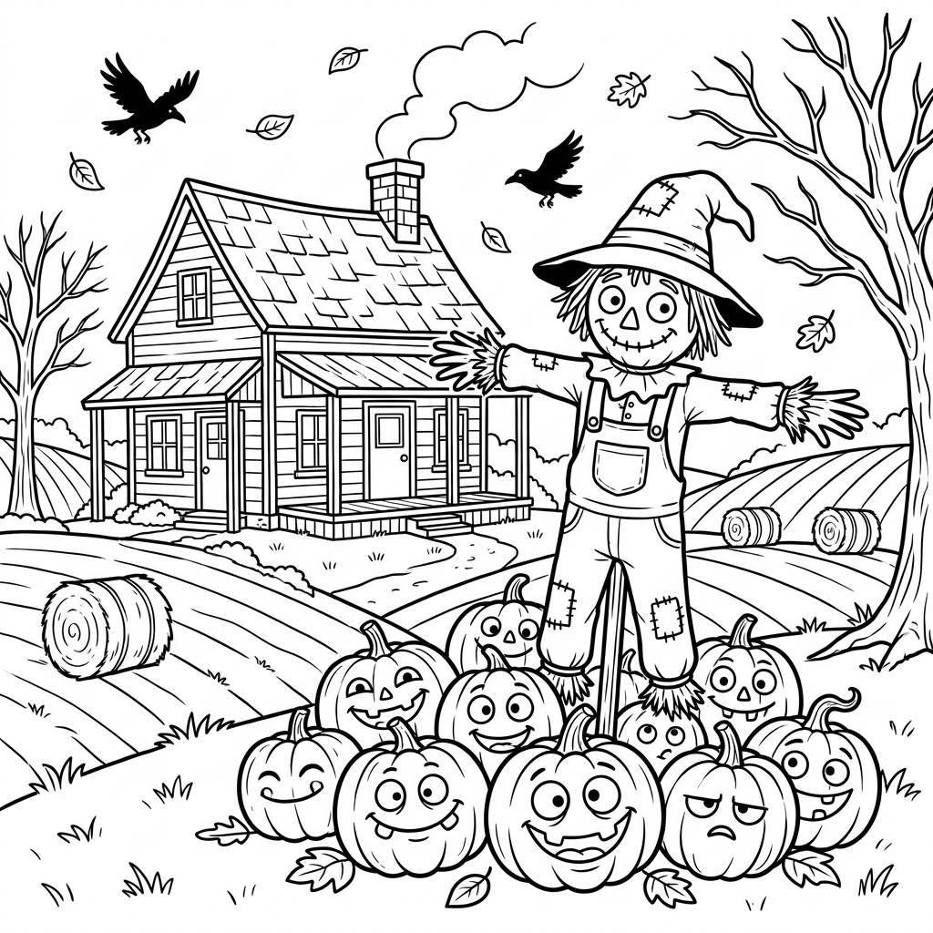 Urocza chata wiejska ze strachem na wróble i dyniami z przodu, otoczona jesiennymi polami, black outline, white backgroun...