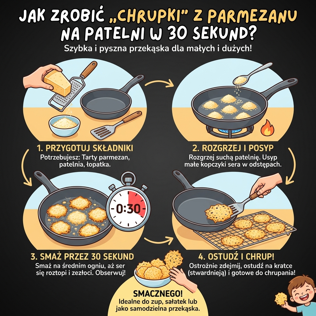 Infografika kulinarna dla rodziców przedstawiająca szybki przepis krok po kroku, jak przygotować domowe i chrupiące pr...