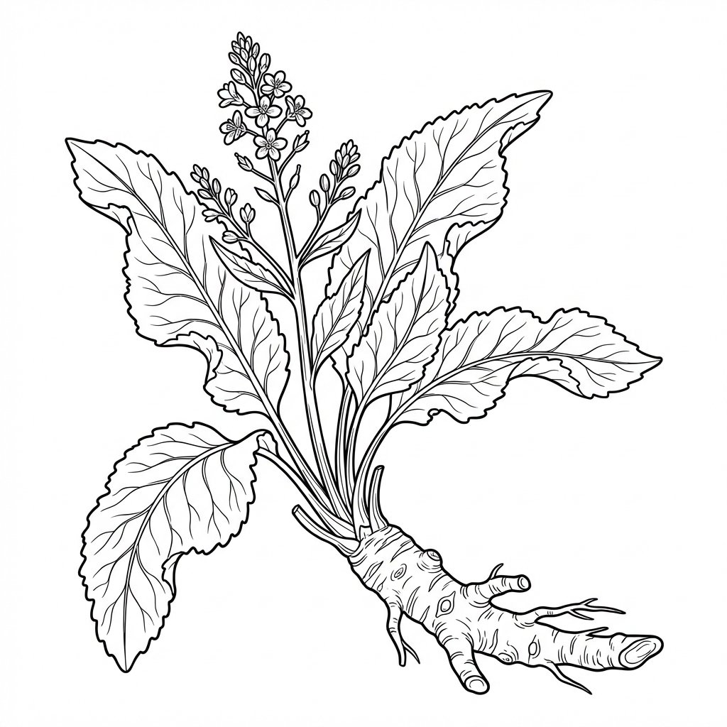 Czarno-biała kolorowanka do druku: świeży chrzan w konturach, bez tła i tekstu. Idealna dla dzieci i dorosłych.