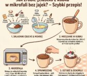 Infografika przedstawiająca prosty przepis krok po kroku na pyszne ciastko z kubka z mikrofali w wersji bez jajek dla dzi...