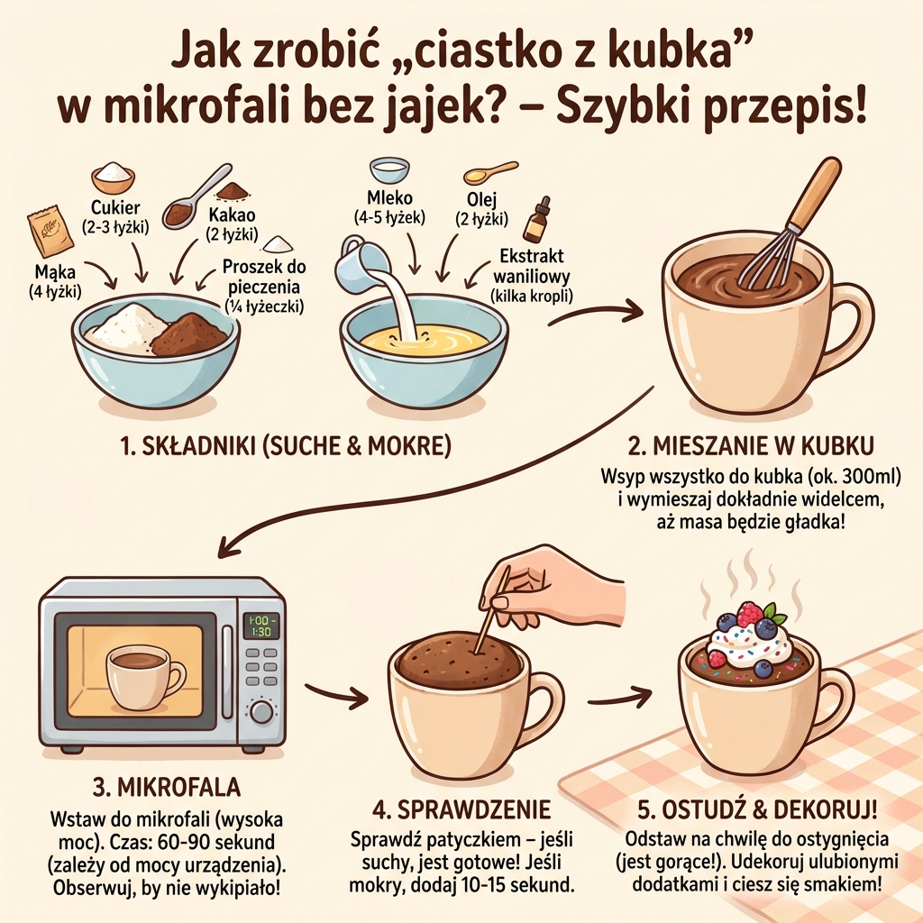 Infografika przedstawiająca prosty przepis krok po kroku na pyszne ciastko z kubka z mikrofali w wersji bez jajek dla dzi...
