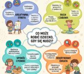 Infografika dla rodziców przedstawiająca kreatywne pomysły na zabawy dla znudzonego dziecka, wspierająca rozwój i dom...