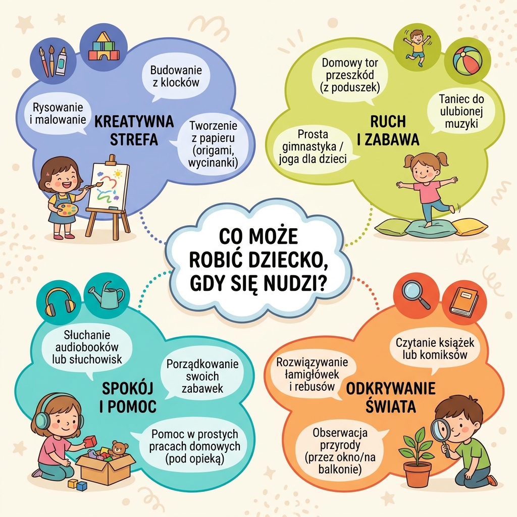 Infografika dla rodziców przedstawiająca kreatywne pomysły na zabawy dla znudzonego dziecka, wspierająca rozwój i dom...