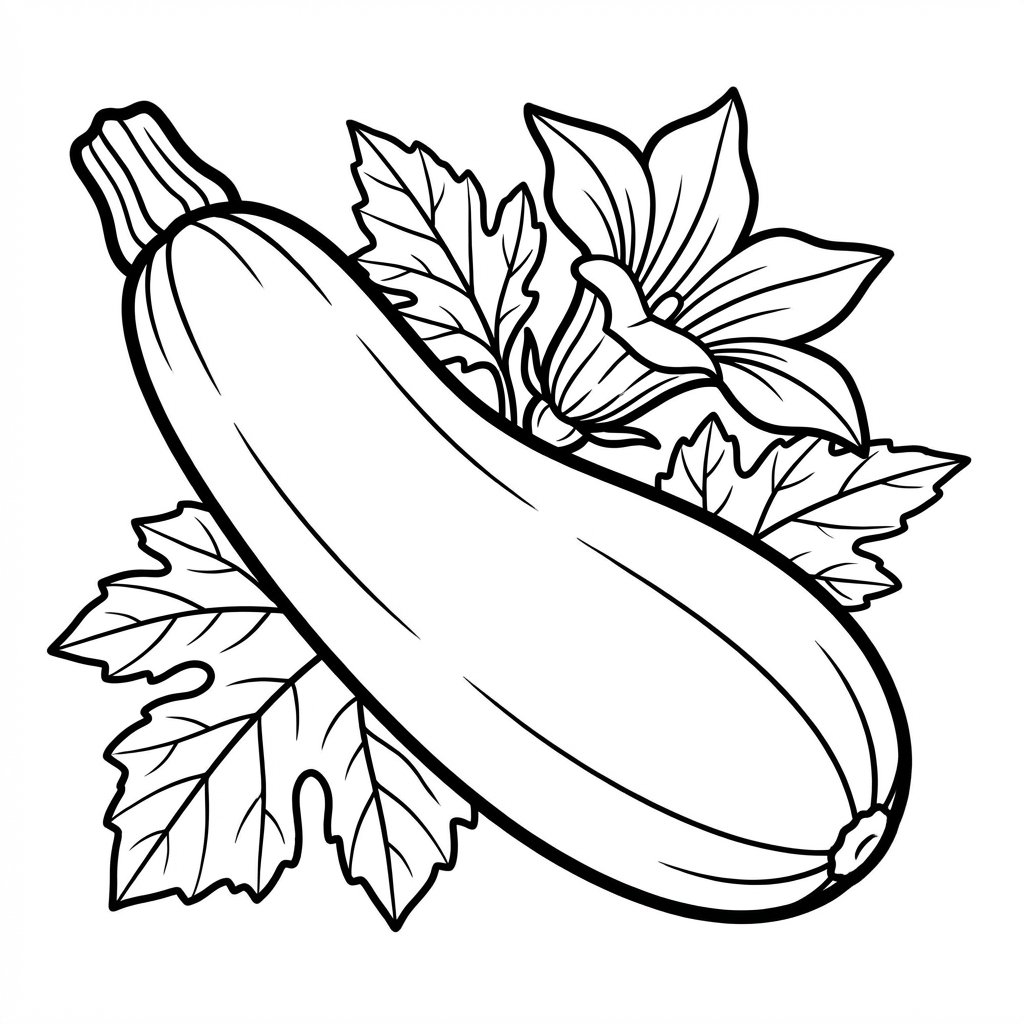 Kolorowanka cukinia do druku, czarno-biały rysunek warzywa, kontury bez tła, dla dzieci i dorosłych.