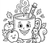 Parujący kubek cydru jabłkowego z laską cynamonu, idealny na rześki jesienny dzień, kolorowanka dla dzieci, czarne ko...