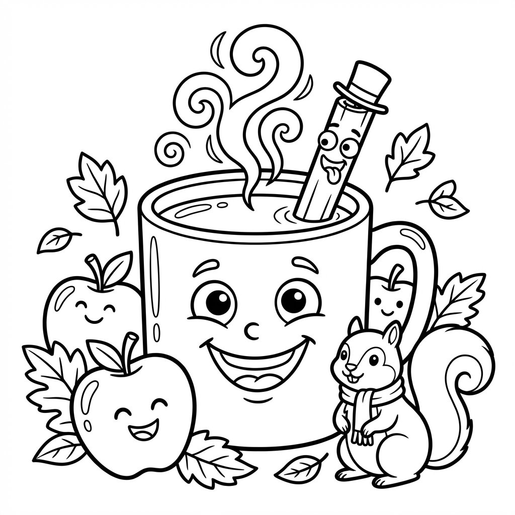 Parujący kubek cydru jabłkowego z laską cynamonu, idealny na rześki jesienny dzień, kolorowanka dla dzieci, czarne ko...