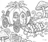 Dyniowa kareta ciągnięta przez dwie przyjazne myszki, gotowa na magiczną podróż, kolorowanka dla dzieci, czarne kontu...