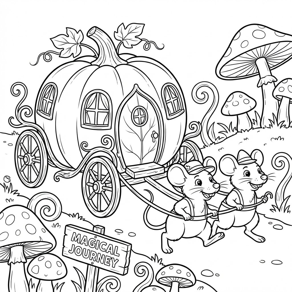 Dyniowa kareta ciągnięta przez dwie przyjazne myszki, gotowa na magiczną podróż, kolorowanka dla dzieci, czarne kontu...