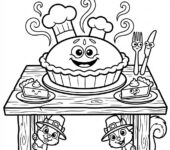 Parująca dyniowa tarta na stole, gotowa do degustacji, kolorowanka dla dzieci, czarne kontury, białe tło.