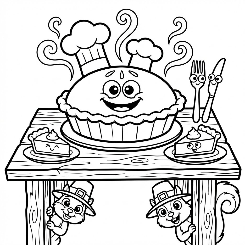 Parująca dyniowa tarta na stole, gotowa do degustacji, kolorowanka dla dzieci, czarne kontury, białe tło.