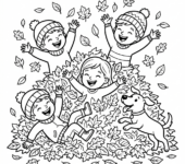 Dzieci bawiące się w stercie kolorowych jesiennych liści, śmiejące się i dobrze się bawiące, kolorowanka dla dziec...