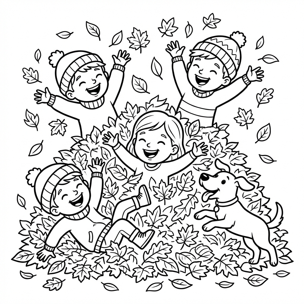 Dzieci bawiące się w stercie kolorowych jesiennych liści, śmiejące się i dobrze się bawiące, kolorowanka dla dziec...