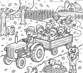 Grupa dzieci na przejażdżce wozem z sianem, cieszących się jesienną scenerią, kolorowanka dla dzieci, czarne kontury...