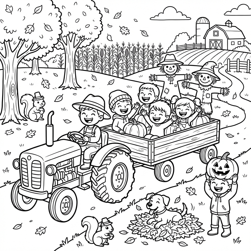 Grupa dzieci na przejażdżce wozem z sianem, cieszących się jesienną scenerią, kolorowanka dla dzieci, czarne kontury...