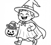 Dziecko w kostiumie Halloween (np. czarownicy, duszka) zbierające cukierki, kolorowanka dla dzieci, czarne kontury, biał...