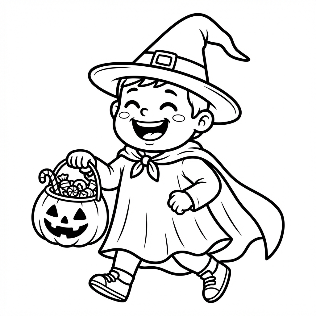 Dziecko w kostiumie Halloween (np. czarownicy, duszka) zbierające cukierki, kolorowanka dla dzieci, czarne kontury, biał...