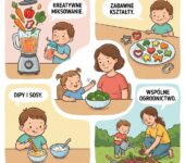 Uśmiechnięte dziecko przy stole jedzące kolorowy posiłek z warzywami, kreatywne podanie zdrowego jedzenia dla niejadka...