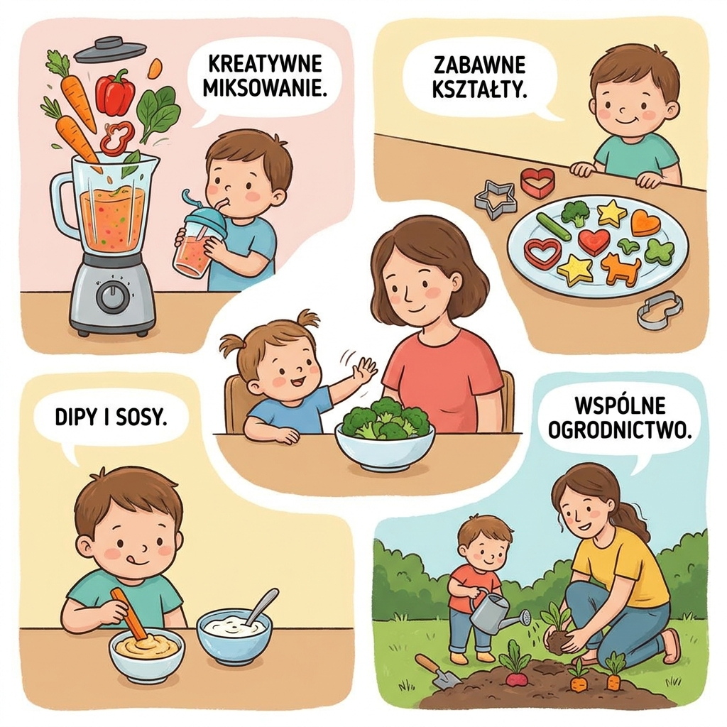 Uśmiechnięte dziecko przy stole jedzące kolorowy posiłek z warzywami, kreatywne podanie zdrowego jedzenia dla niejadka...