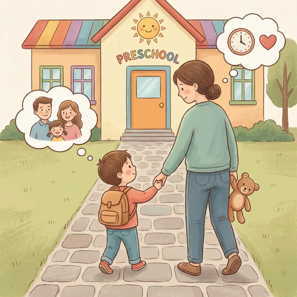 Uśmiechnięta mama przytulająca dziecko przed przedszkolem, wspierająca adaptację i łagodząca stres rozstania u malu...