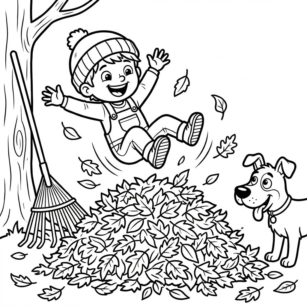 Dziecko skaczące do dużej sterty zgrabionych liści, kolorowanka dla dzieci, czarne kontury, białe tło.