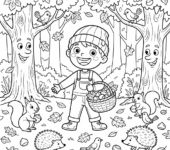 Dziecko zbierające kasztany i kolorowe liście w lesie, kolorowanka dla dzieci, czarne kontury, białe tło.